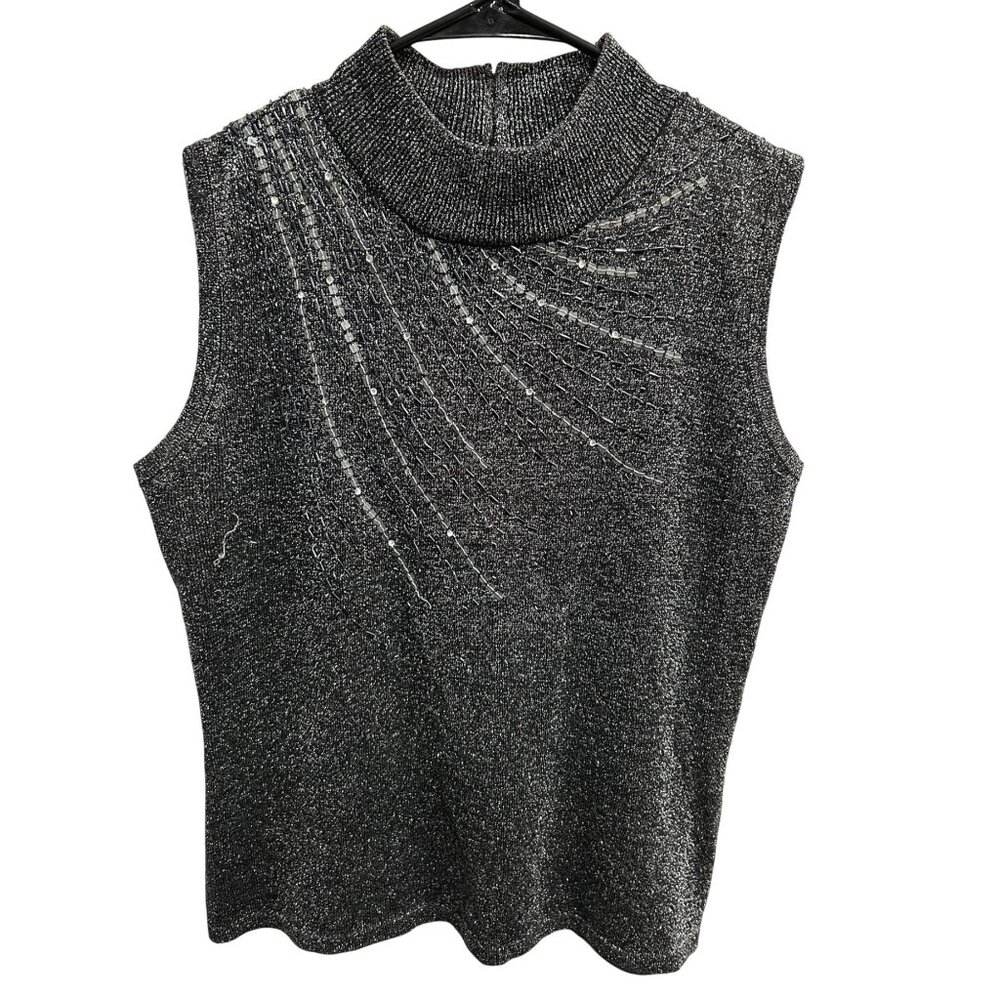 High Point Sleeveless Mock Neck Sparkle Metallic Top Sequin Detail Sz Large
